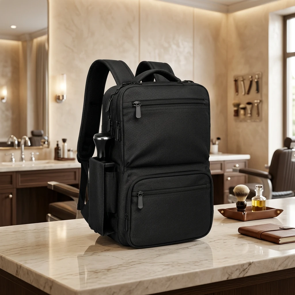 RLou Professional Barber Backpack shown closed with front zip pockets and side bottle sleeve